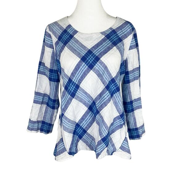 Habitat Tops - Habitat Clothes to Live In Blue White Plaid Linen Cotton Tunic Top Size XS